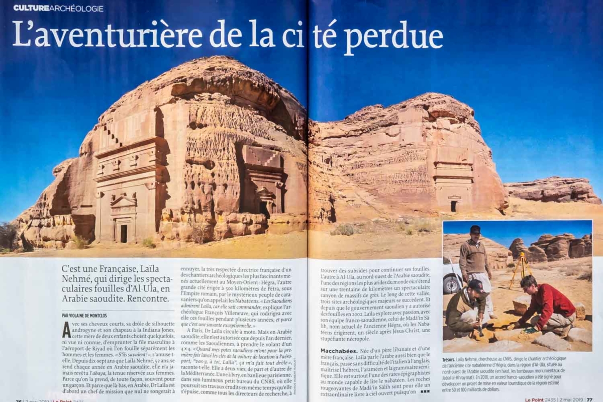 Publication dans Le Point d'un article sur l'archéologue Laila Nehmé et les fouilles à Hégra dans la région d'Al Ula en Arabie Saoudite
