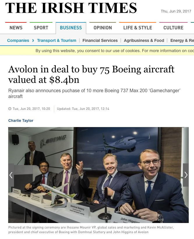 Reportage évènementiel sur la signature d'un contrat d'achat d'avion à Boeing? parution dans le "Irish Times"