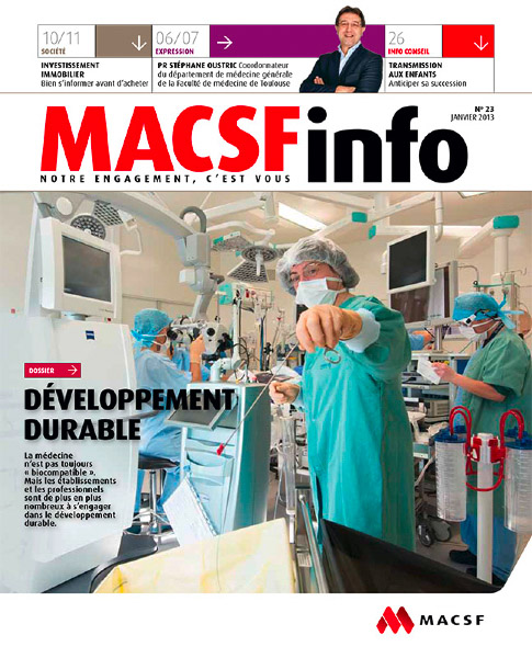 Publication dans la revue MACSF info d'un reportage sur le développement durable à l'hopital