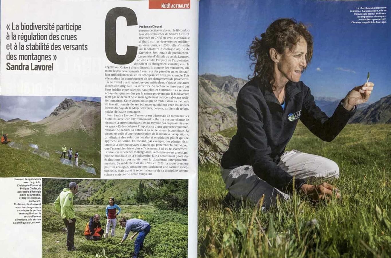 Parution dans Paris Match montrant la scientifique Sandra Lavorel dans les prairies instrumentées de l'observatoire du Col du Lautaret