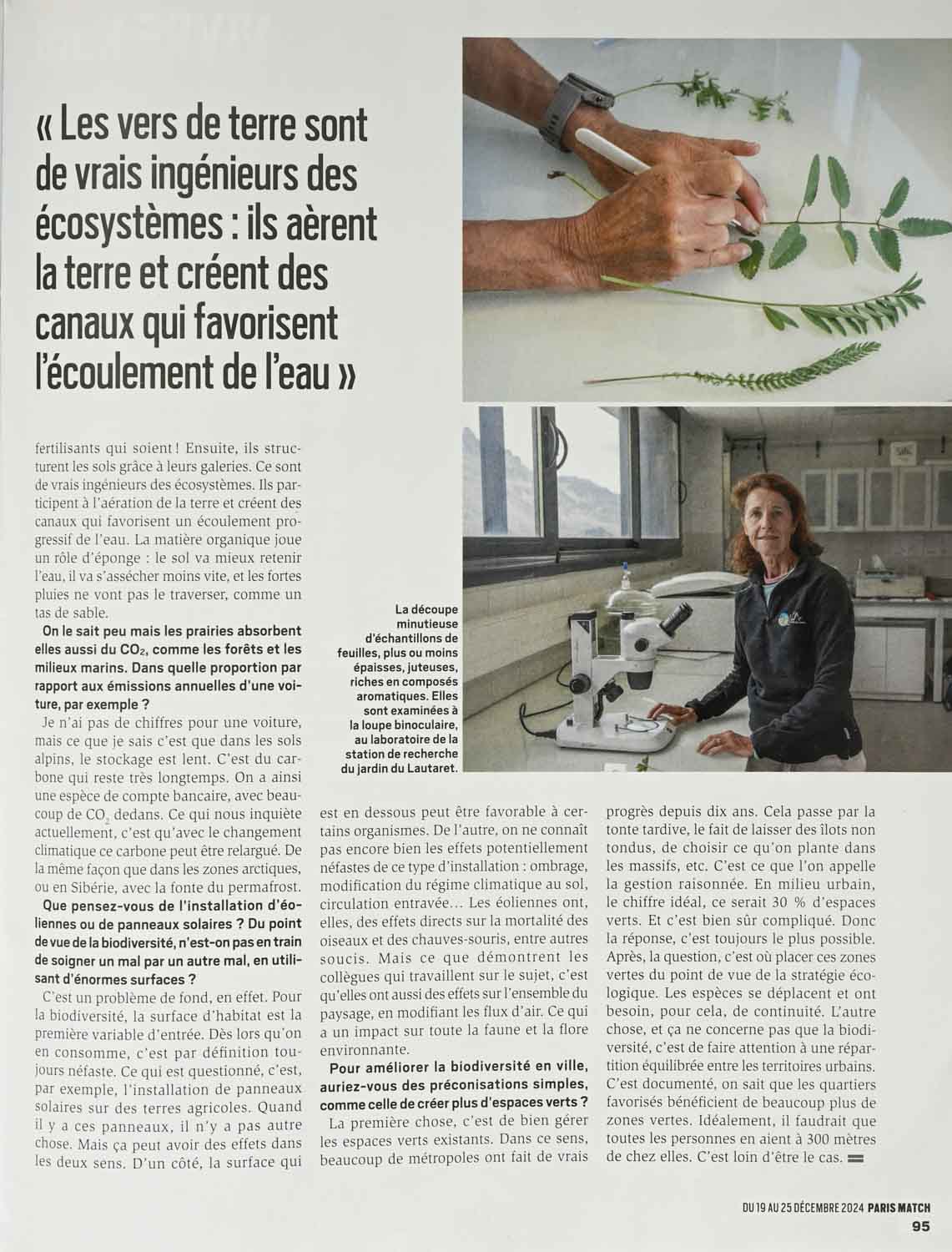 Parutions dans Paris Match du reportage photographique sur Sandra Lavorel, Ecologue, médaillée d'or du CNRS